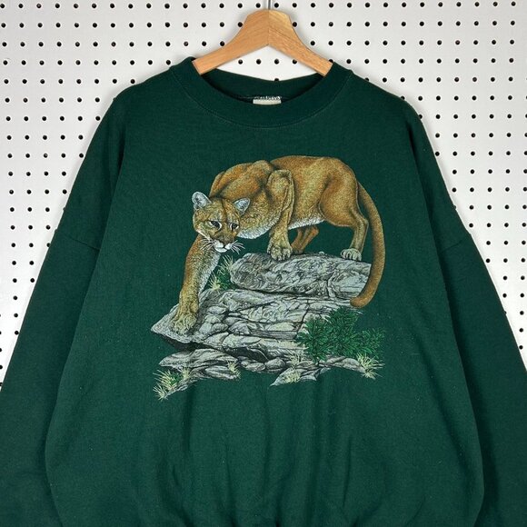 Cougar Cat 90s Vintage Crewneck 3XL Green Nature Wildlife Cotton USA Sweatshirt - Picture 2 of 6